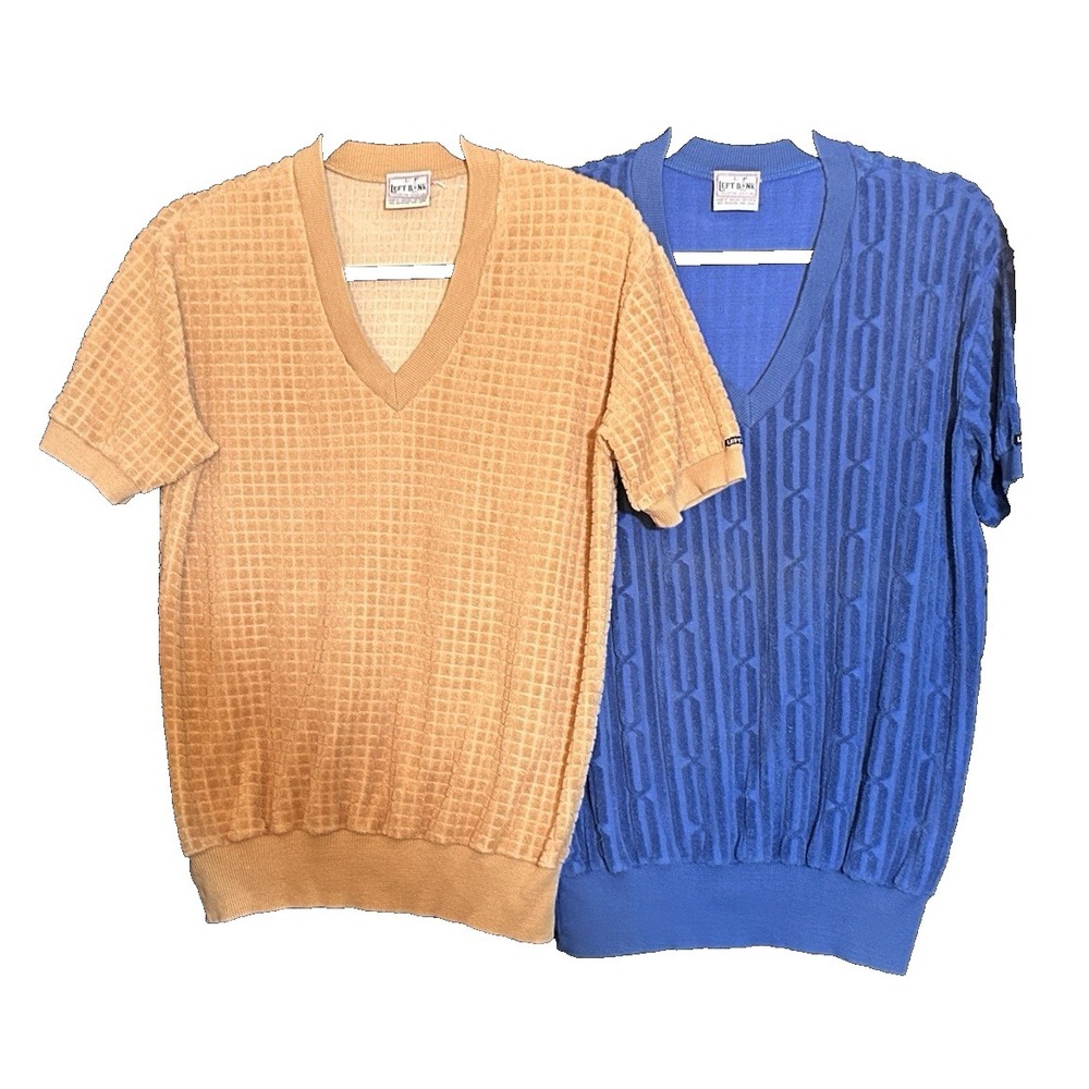 Vintage Lot of 2 Left Bank Terrycloth Vintage Shirts Men's Large Tan & Blue